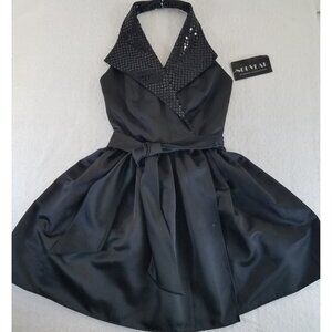 Nouveau Black Satin Halter Cocktail Wrap Dress Sequins SIZE 4 Evening Collection